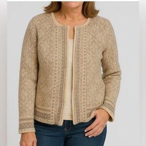 Coldwater Creek Beige Fair Isle Full Zip Cardigan Sweater Size Small ‎ Beaded